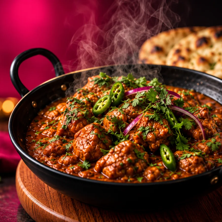 Karahi curry topped with coriander and green chillies