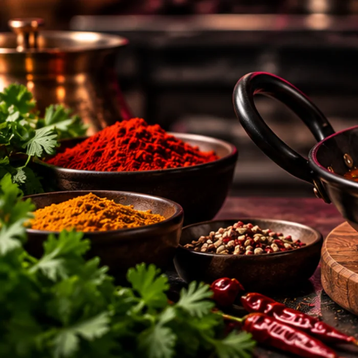 Bowls of ground spices and fresh coriander