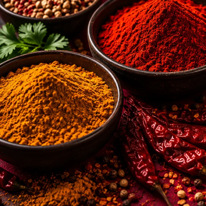Turmeric and chilli powder in dark bowls