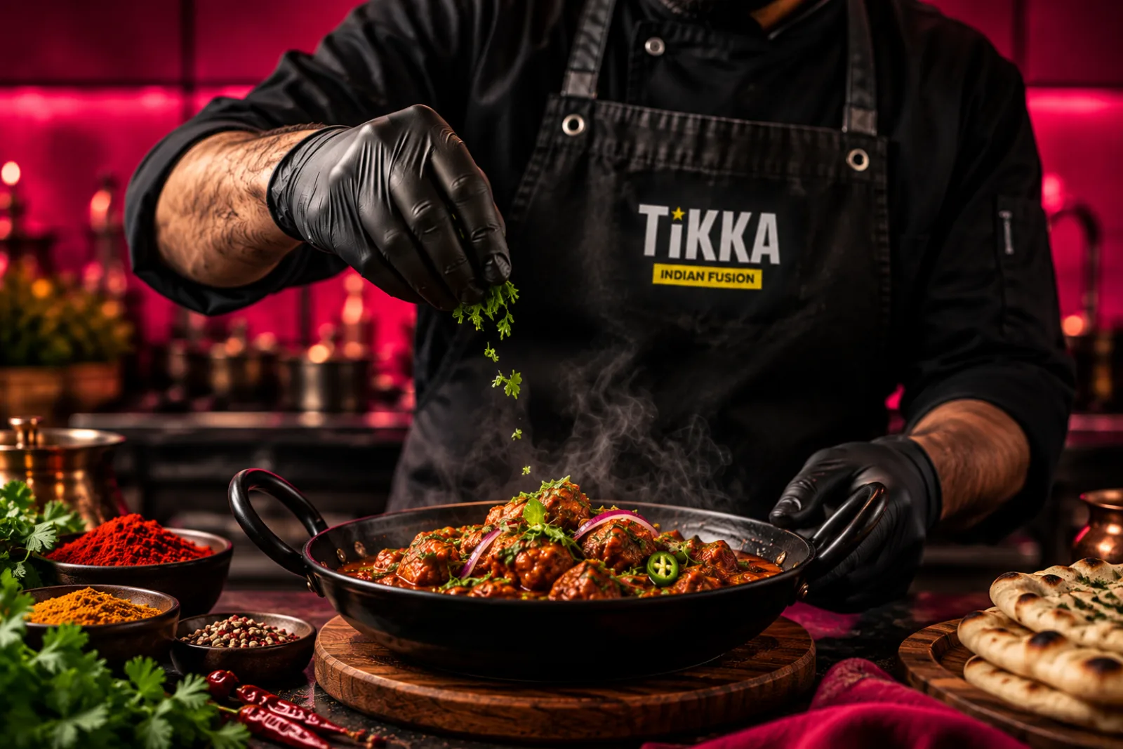 Chef finishing a karahi at the pass