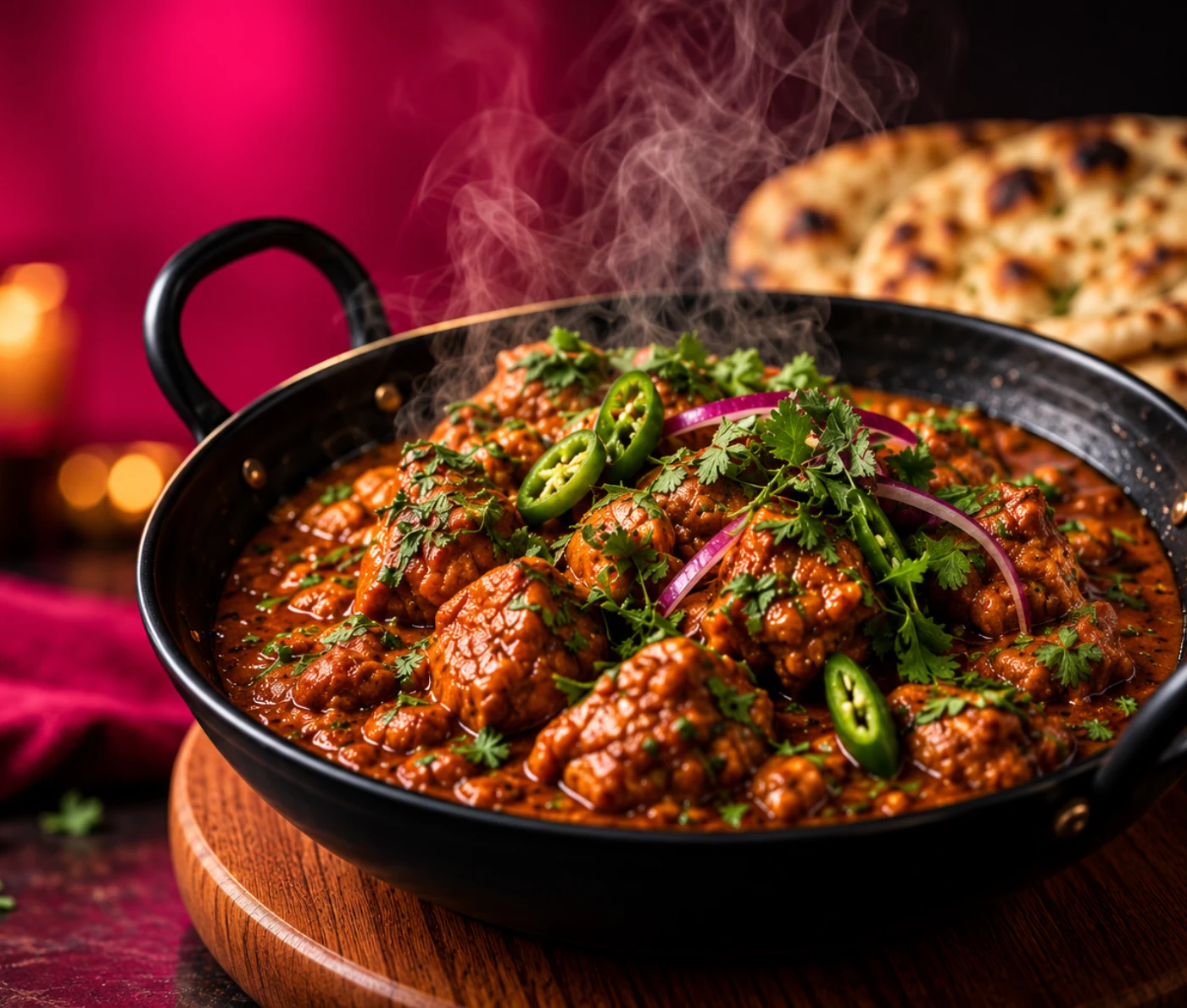 Karahi curry topped with green chillies, red onion and coriander