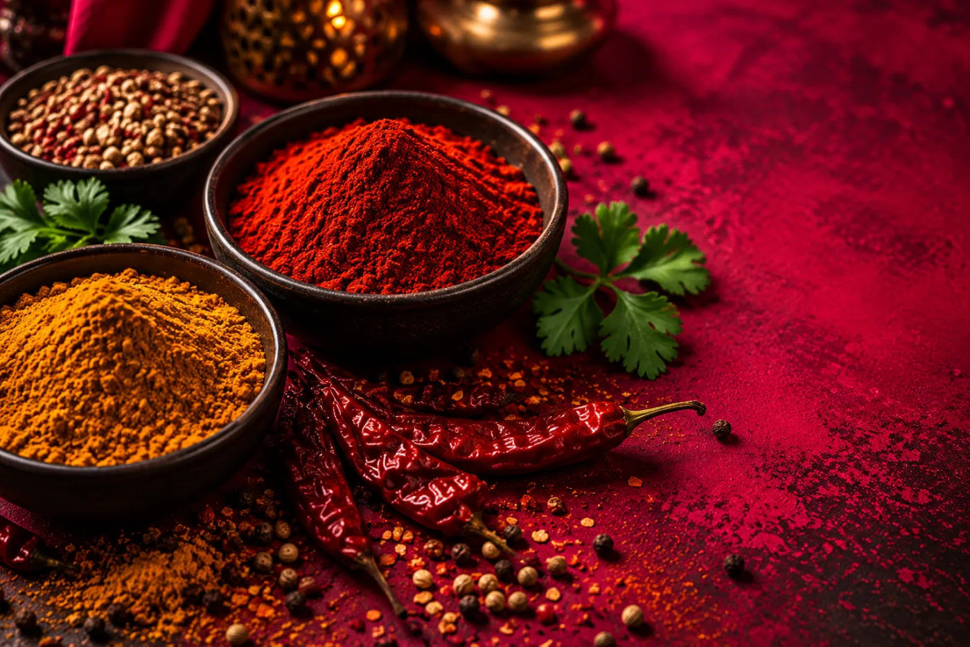 Bowls of ground spices with dried chillies and fresh coriander