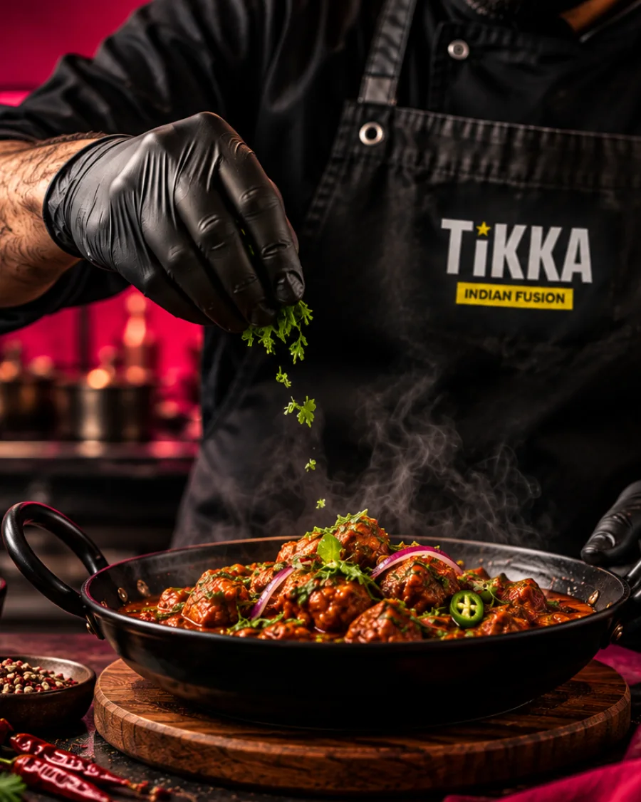 Tikka chef finishing a karahi with fresh coriander